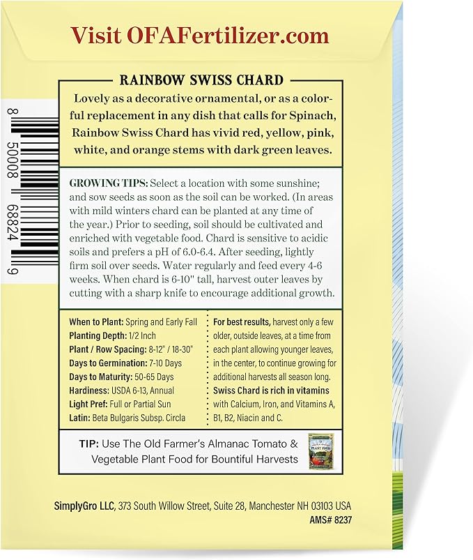 Hạt giống cải cầu vồng Thụy Sỹ The Old Farmer's Almanac Heirloom Swiss Chard Seeds (Rainbow Mixture) 120 hạt