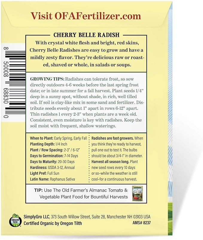 Hạt giống củ cải hữu cơ The Old Farmer's Almanac Organic Radish (Cherry Belle) 400 hạt