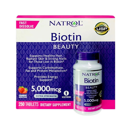 Viên ngậm hương dâu Natrol Biotin Beauty 5000mcg Extra Strength